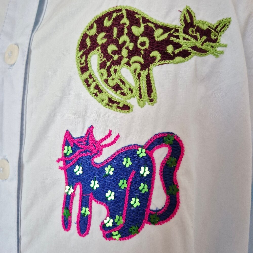 Maeve Light Blue Button-Down Shirt with Multicolor Cat Embroidered Appliqués - Picture 4 of 15